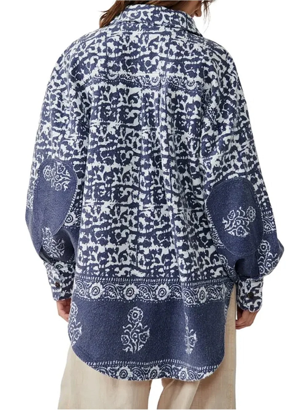Free People Navy and White Abstract Print Button Jacket